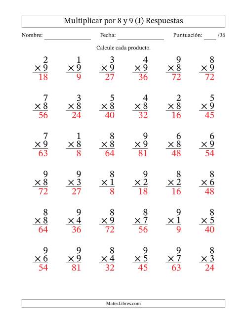 La hoja de ejercicios de Multiplicar (Factores de 1 a 9) por 8 y 9 (36 Preguntas) (J) Página 2
