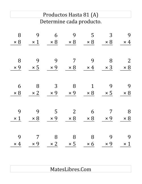 La hoja de ejercicios de Multiplicar de 1 a 9 por 8 y 9 (Grande)