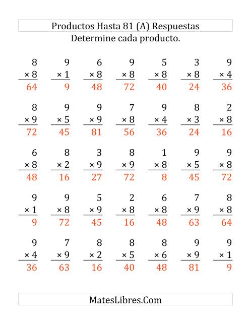 La hoja de ejercicios de Multiplicar de 1 a 9 por 8 y 9 (Grande) Página 2