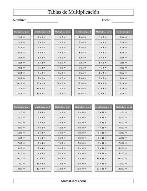 La hoja de ejercicios de Tablas de Multiplicación en Gris de 1 a 12 (Respuestas Omitidas)