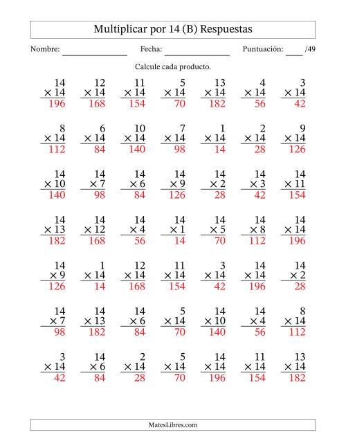 La hoja de ejercicios de Multiplicar (Factores de 1 a 14) por 14 (49 Preguntas) (B) Página 2
