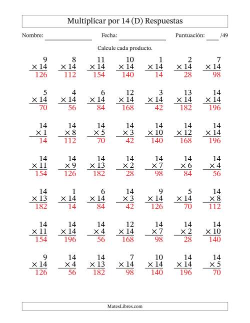 La hoja de ejercicios de Multiplicar (Factores de 1 a 14) por 14 (49 Preguntas) (D) Página 2