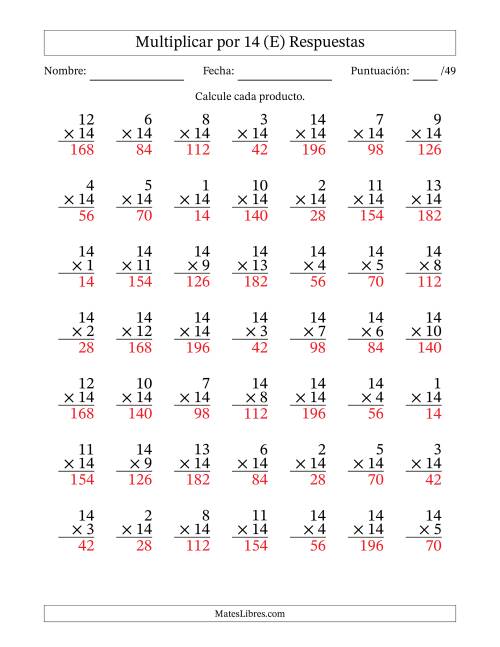 La hoja de ejercicios de Multiplicar (Factores de 1 a 14) por 14 (49 Preguntas) (E) Página 2