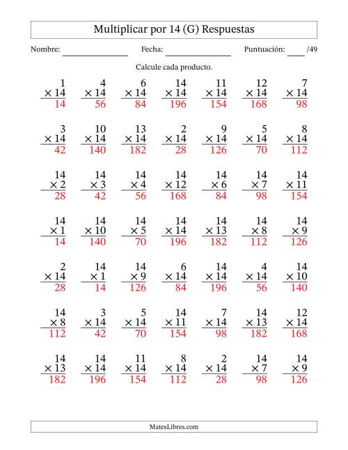 La hoja de ejercicios de Multiplicar (Factores de 1 a 14) por 14 (49 Preguntas) (G) Página 2