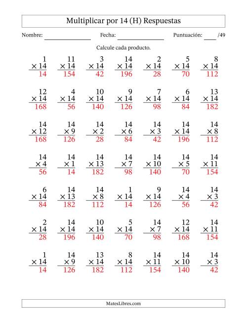 La hoja de ejercicios de Multiplicar (Factores de 1 a 14) por 14 (49 Preguntas) (H) Página 2