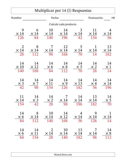 La hoja de ejercicios de Multiplicar (Factores de 1 a 14) por 14 (49 Preguntas) (I) Página 2