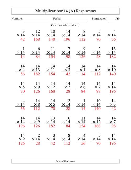 La hoja de ejercicios de Multiplicar (Factores de 1 a 14) por 14 (49 Preguntas) (Todas) Página 2