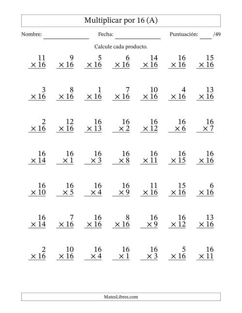 La hoja de ejercicios de Multiplicar (Factores de 1 a 16) por 16 (49 Preguntas) (A)