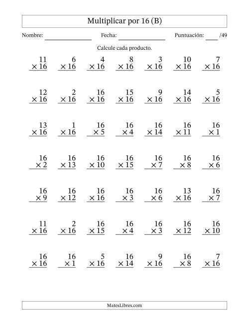 La hoja de ejercicios de Multiplicar (Factores de 1 a 16) por 16 (49 Preguntas) (B)