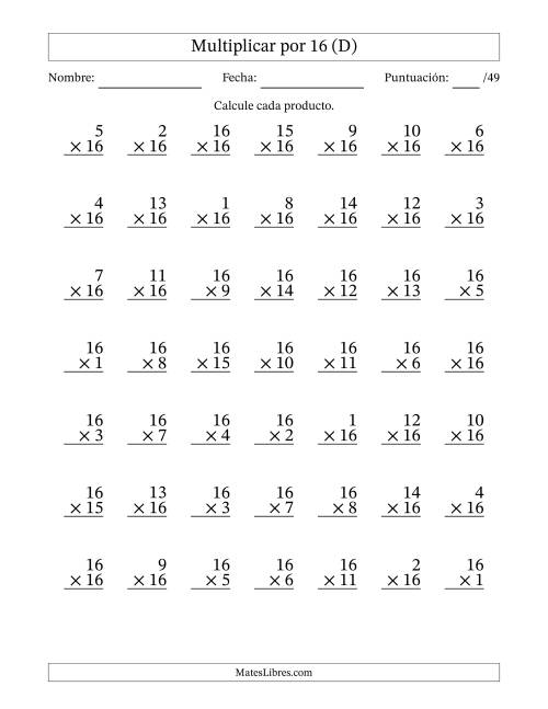 La hoja de ejercicios de Multiplicar (Factores de 1 a 16) por 16 (49 Preguntas) (D)
