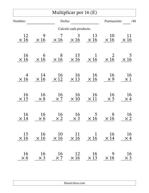 La hoja de ejercicios de Multiplicar (Factores de 1 a 16) por 16 (49 Preguntas) (E)