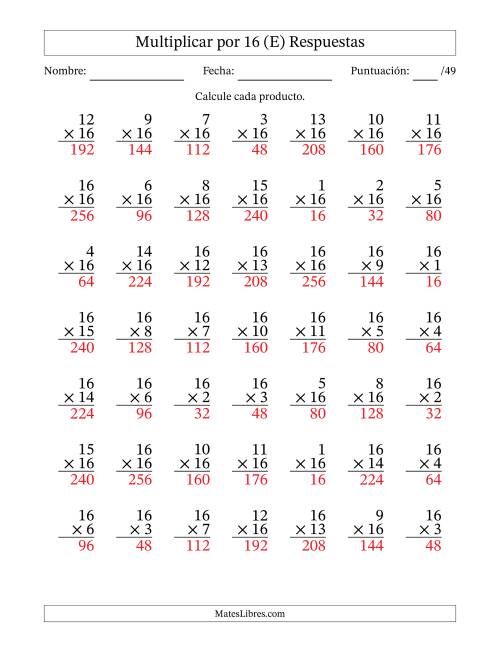 La hoja de ejercicios de Multiplicar (Factores de 1 a 16) por 16 (49 Preguntas) (E) Página 2