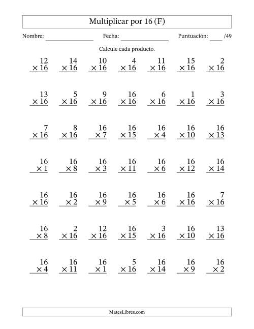 La hoja de ejercicios de Multiplicar (Factores de 1 a 16) por 16 (49 Preguntas) (F)