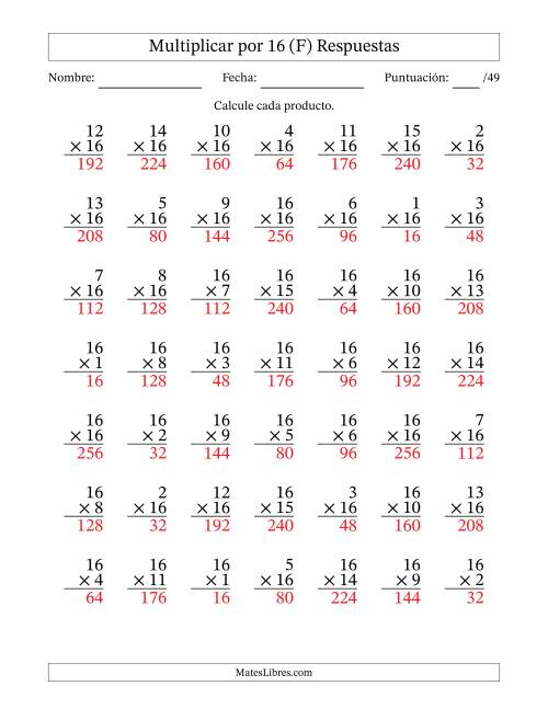 La hoja de ejercicios de Multiplicar (Factores de 1 a 16) por 16 (49 Preguntas) (F) Página 2