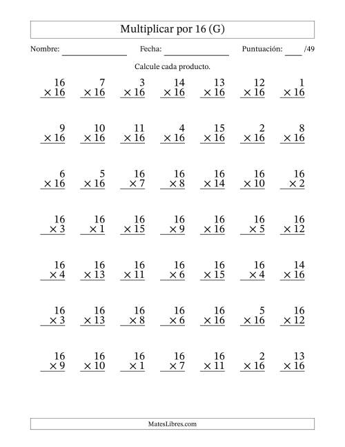 La hoja de ejercicios de Multiplicar (Factores de 1 a 16) por 16 (49 Preguntas) (G)