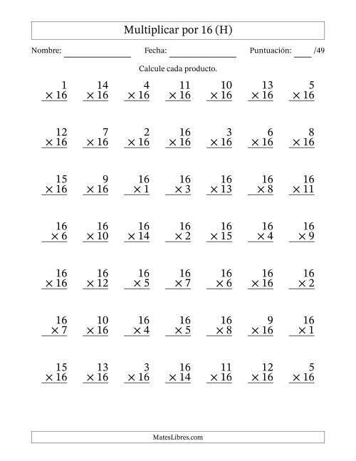 La hoja de ejercicios de Multiplicar (Factores de 1 a 16) por 16 (49 Preguntas) (H)