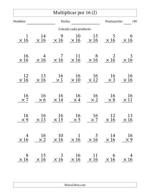 La hoja de ejercicios de Multiplicar (Factores de 1 a 16) por 16 (49 Preguntas) (I)