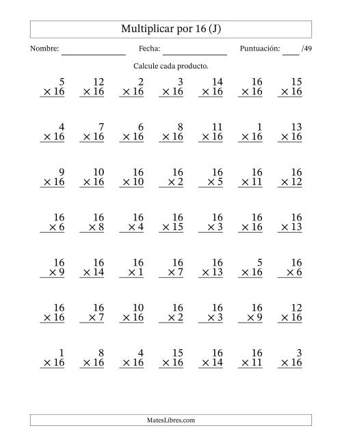 La hoja de ejercicios de Multiplicar (Factores de 1 a 16) por 16 (49 Preguntas) (J)