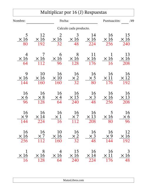 La hoja de ejercicios de Multiplicar (Factores de 1 a 16) por 16 (49 Preguntas) (J) Página 2