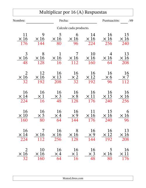 La hoja de ejercicios de Multiplicar (Factores de 1 a 16) por 16 (49 Preguntas) (Todas) Página 2
