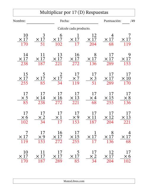 La hoja de ejercicios de Multiplicar (Factores de 1 a 17) por 17 (49 Preguntas) (D) Página 2