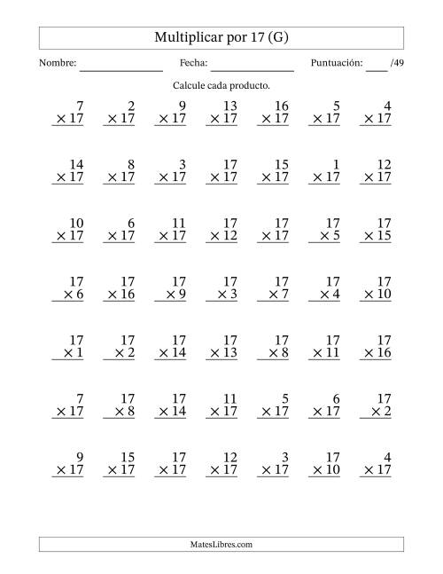 La hoja de ejercicios de Multiplicar (Factores de 1 a 17) por 17 (49 Preguntas) (G)