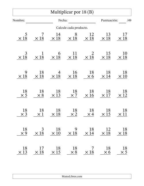 La hoja de ejercicios de Multiplicar (Factores de 1 a 18) por 18 (49 Preguntas) (B)