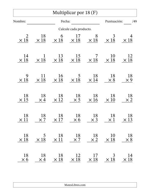 La hoja de ejercicios de Multiplicar (Factores de 1 a 18) por 18 (49 Preguntas) (F)