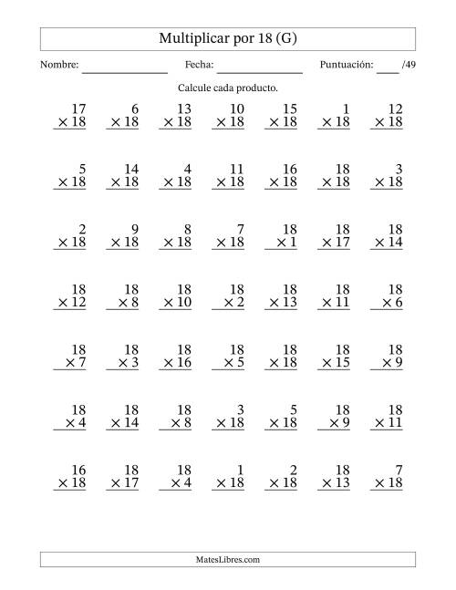 La hoja de ejercicios de Multiplicar (Factores de 1 a 18) por 18 (49 Preguntas) (G)