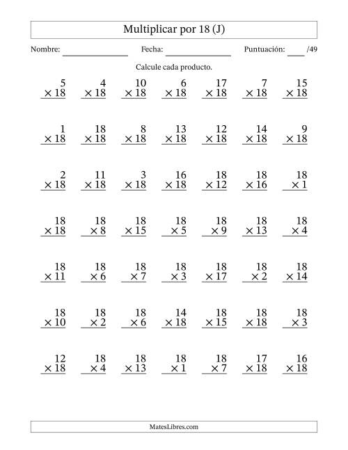 La hoja de ejercicios de Multiplicar (Factores de 1 a 18) por 18 (49 Preguntas) (J)