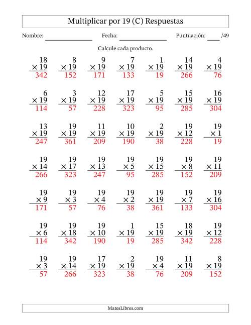 La hoja de ejercicios de Multiplicar (Factores de 1 a 19) por 19 (49 Preguntas) (C) Página 2
