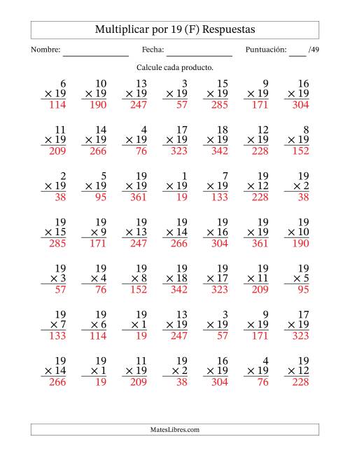 La hoja de ejercicios de Multiplicar (Factores de 1 a 19) por 19 (49 Preguntas) (F) Página 2
