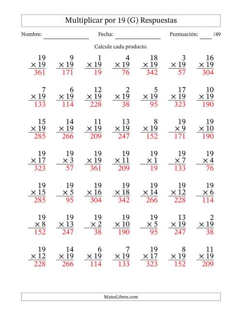 La hoja de ejercicios de Multiplicar (Factores de 1 a 19) por 19 (49 Preguntas) (G) Página 2