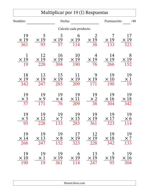 La hoja de ejercicios de Multiplicar (Factores de 1 a 19) por 19 (49 Preguntas) (I) Página 2