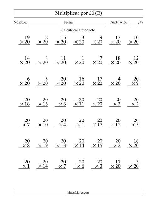 La hoja de ejercicios de Multiplicar (Factores de 1 a 20) por 20 (49 Preguntas) (B)
