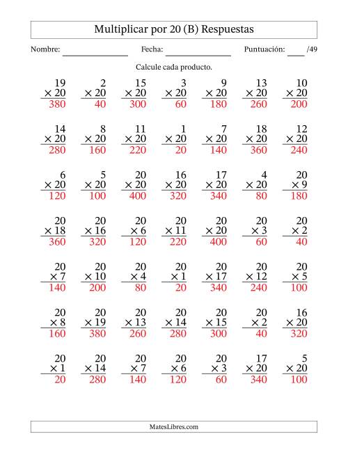 La hoja de ejercicios de Multiplicar (Factores de 1 a 20) por 20 (49 Preguntas) (B) Página 2