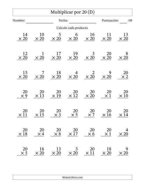 La hoja de ejercicios de Multiplicar (Factores de 1 a 20) por 20 (49 Preguntas) (D)