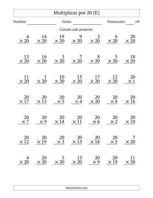 La hoja de ejercicios de Multiplicar (Factores de 1 a 20) por 20 (49 Preguntas) (E)