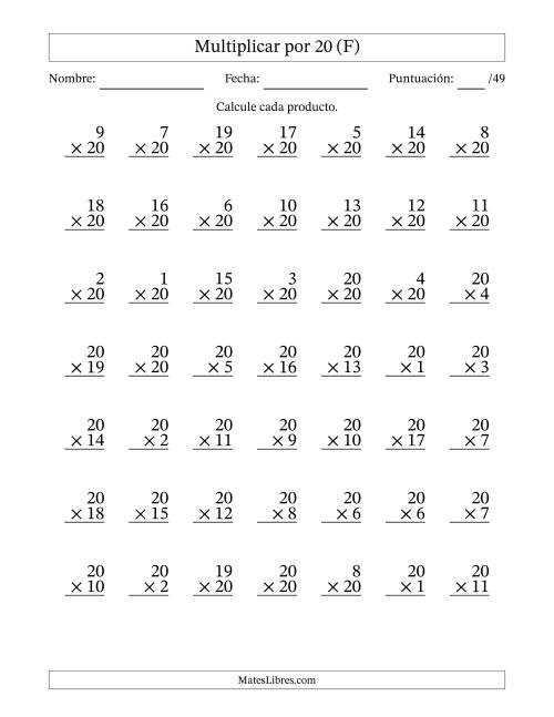 La hoja de ejercicios de Multiplicar (Factores de 1 a 20) por 20 (49 Preguntas) (F)