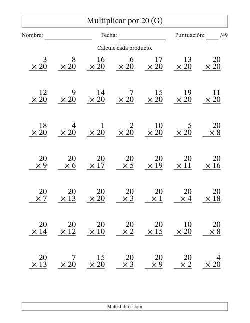 La hoja de ejercicios de Multiplicar (Factores de 1 a 20) por 20 (49 Preguntas) (G)