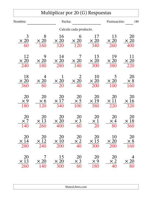 La hoja de ejercicios de Multiplicar (Factores de 1 a 20) por 20 (49 Preguntas) (G) Página 2