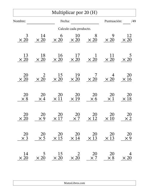 La hoja de ejercicios de Multiplicar (Factores de 1 a 20) por 20 (49 Preguntas) (H)