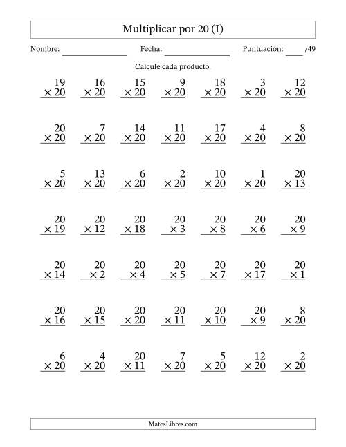 La hoja de ejercicios de Multiplicar (Factores de 1 a 20) por 20 (49 Preguntas) (I)
