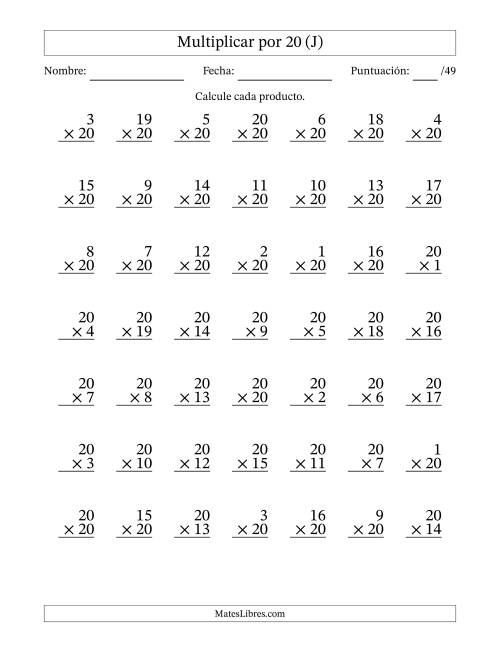 La hoja de ejercicios de Multiplicar (Factores de 1 a 20) por 20 (49 Preguntas) (J)