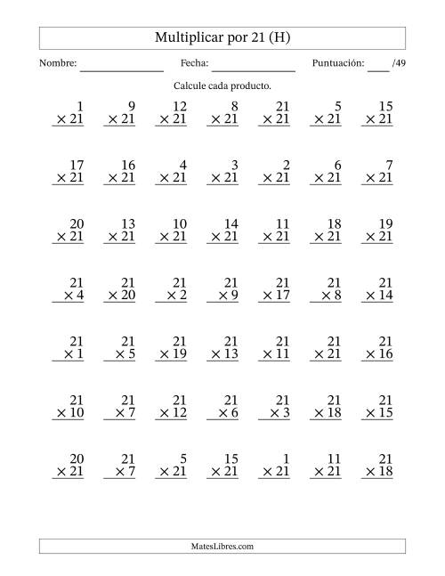 La hoja de ejercicios de Multiplicar (Factores de 1 a 21) por 21 (49 Preguntas) (H)