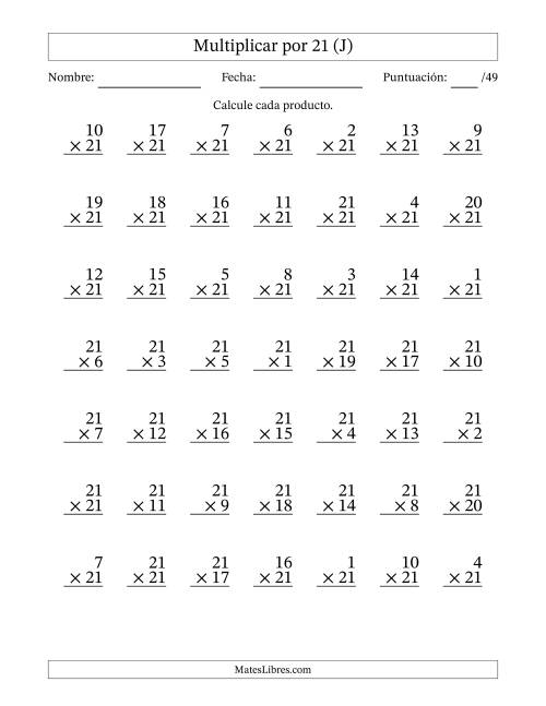La hoja de ejercicios de Multiplicar (Factores de 1 a 21) por 21 (49 Preguntas) (J)