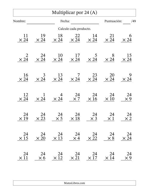 La hoja de ejercicios de Multiplicar (Factores de 1 a 24) por 24 (49 Preguntas) (A)