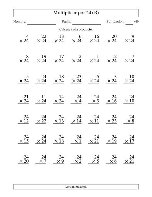 La hoja de ejercicios de Multiplicar (Factores de 1 a 24) por 24 (49 Preguntas) (B)