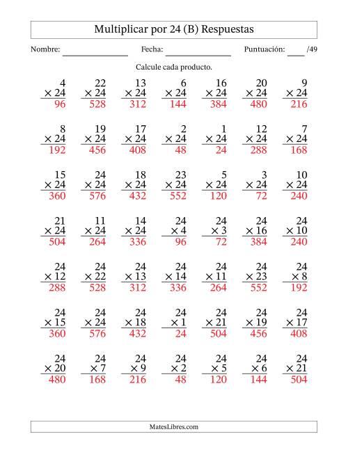La hoja de ejercicios de Multiplicar (Factores de 1 a 24) por 24 (49 Preguntas) (B) Página 2