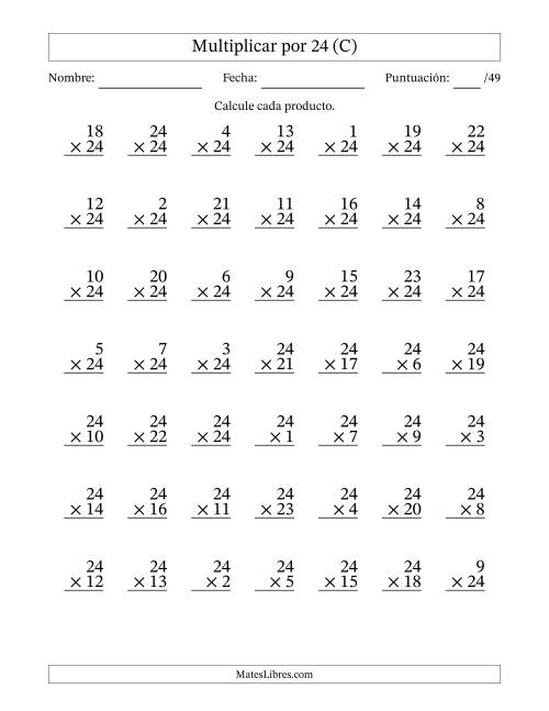 La hoja de ejercicios de Multiplicar (Factores de 1 a 24) por 24 (49 Preguntas) (C)